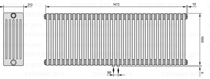 Схема (чертеж) Радиатор Zehnder Charleston 6100/32 №5410 Белый глянцевый RAL 9016
